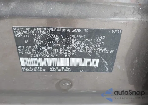 2011 Toyota Rav4 из США, поврежденный, VIN 2T3ZF4DV0BW078375